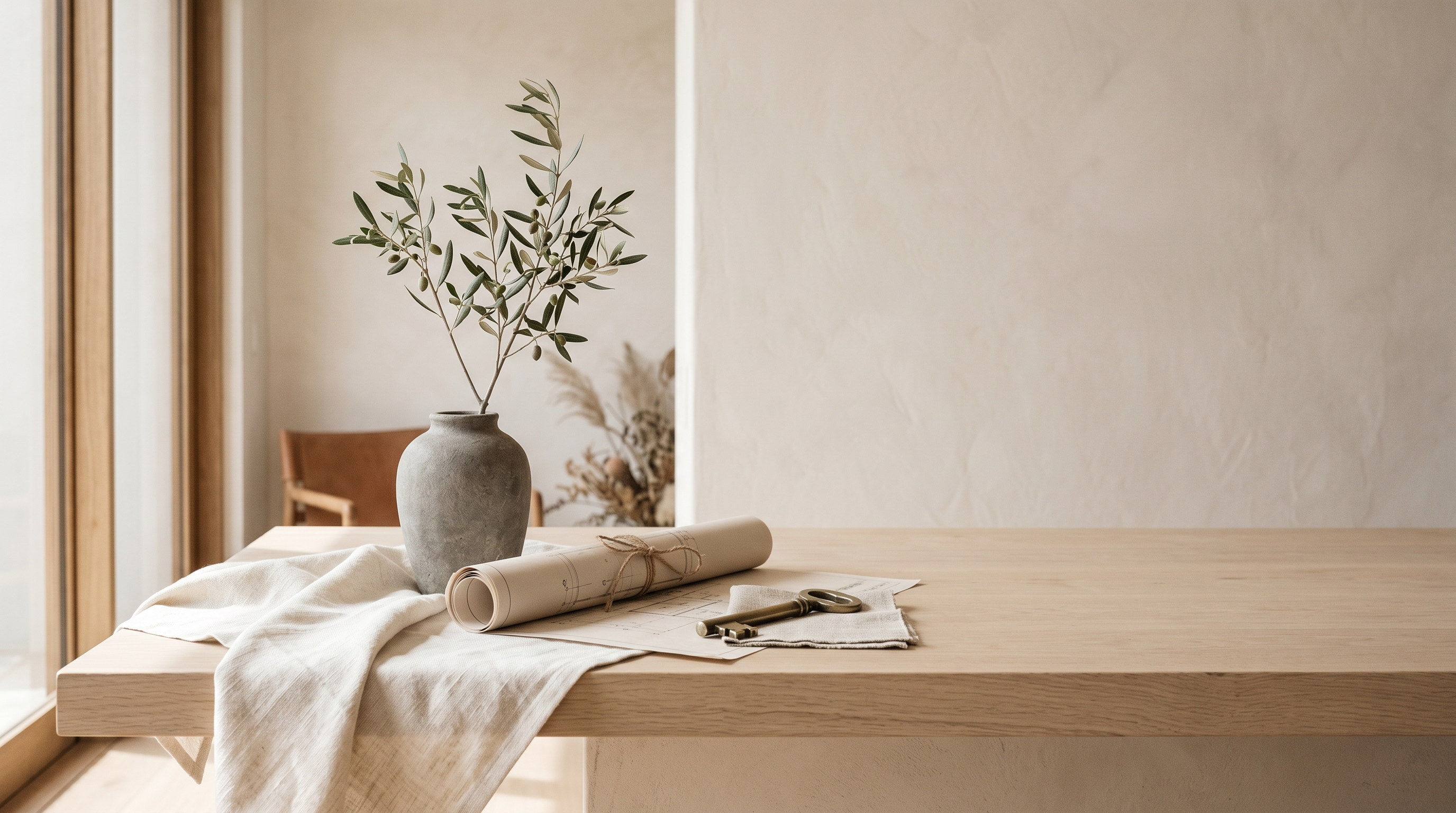 Soft architectural still life: olive leaves, plans and a brushed-brass key