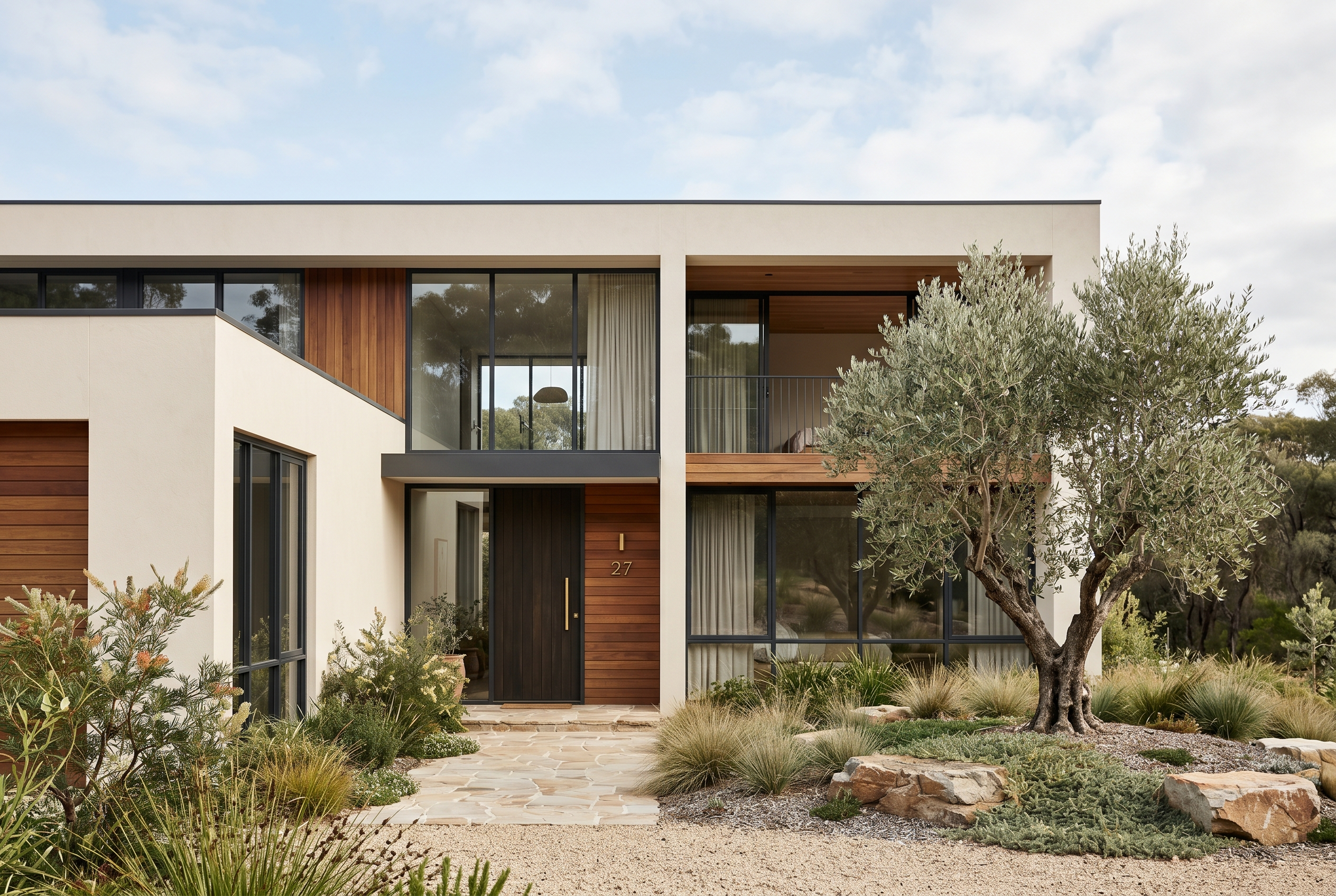 Architectural facade with landscaping