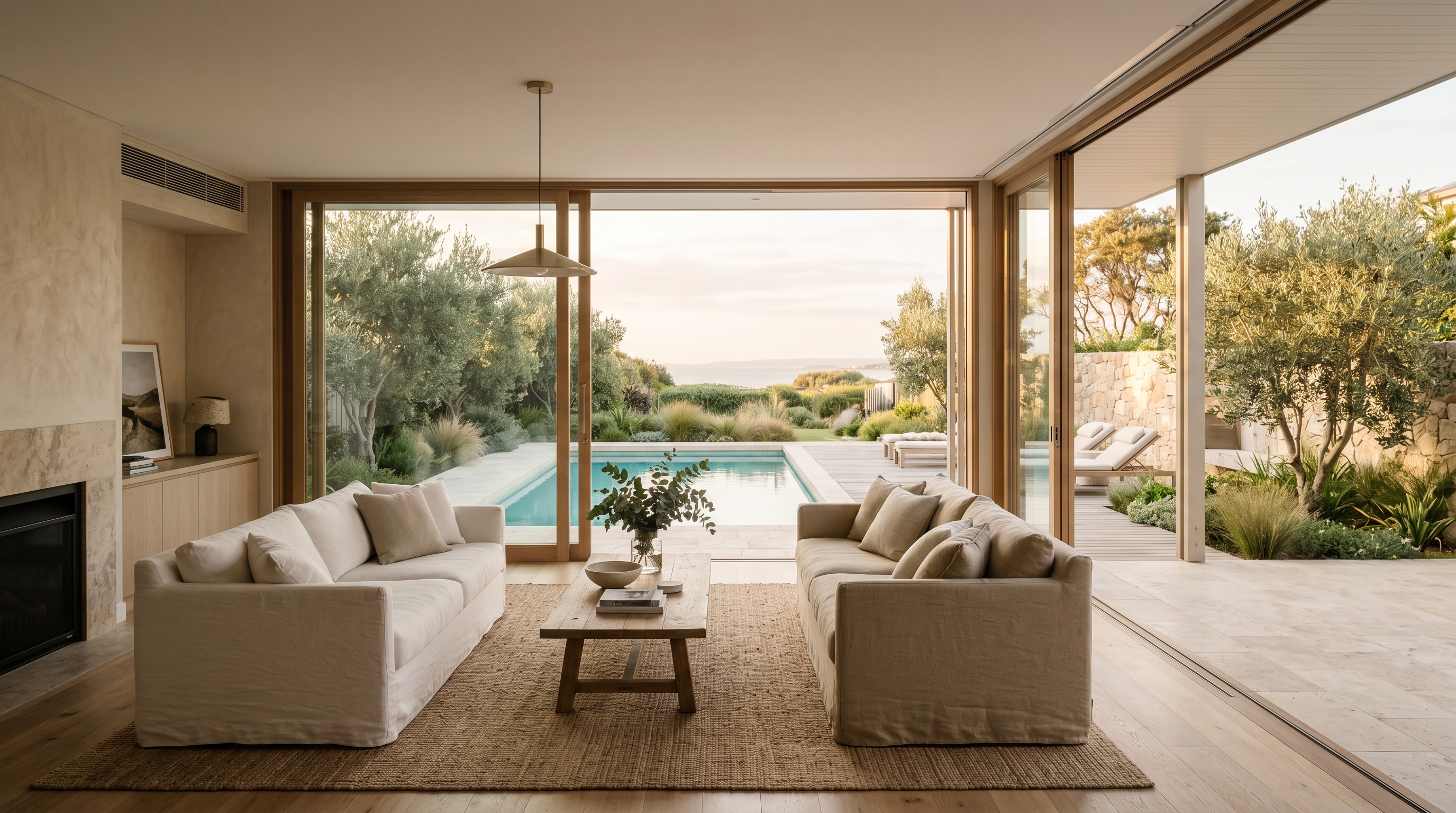 Living room opening to a landscaped pool terrace at golden hour