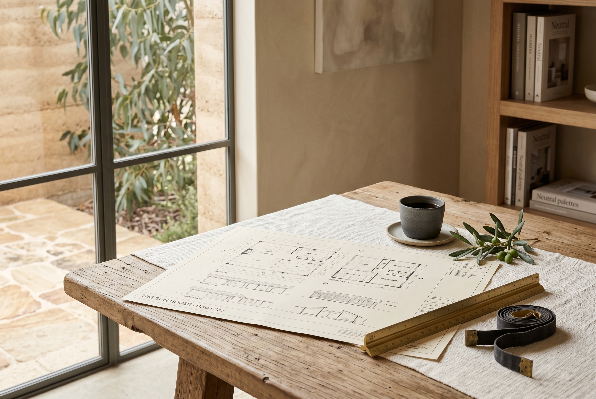 Architectural plans, brushed-brass scale ruler and a sprig of olive on a linen-covered table